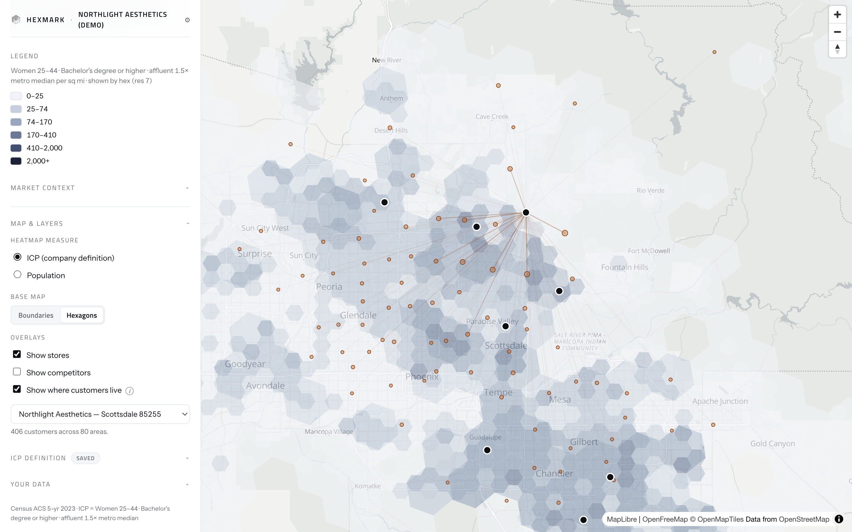 One location selected in Hexmark, with lines running from it out to each of the 80 areas its customers live in