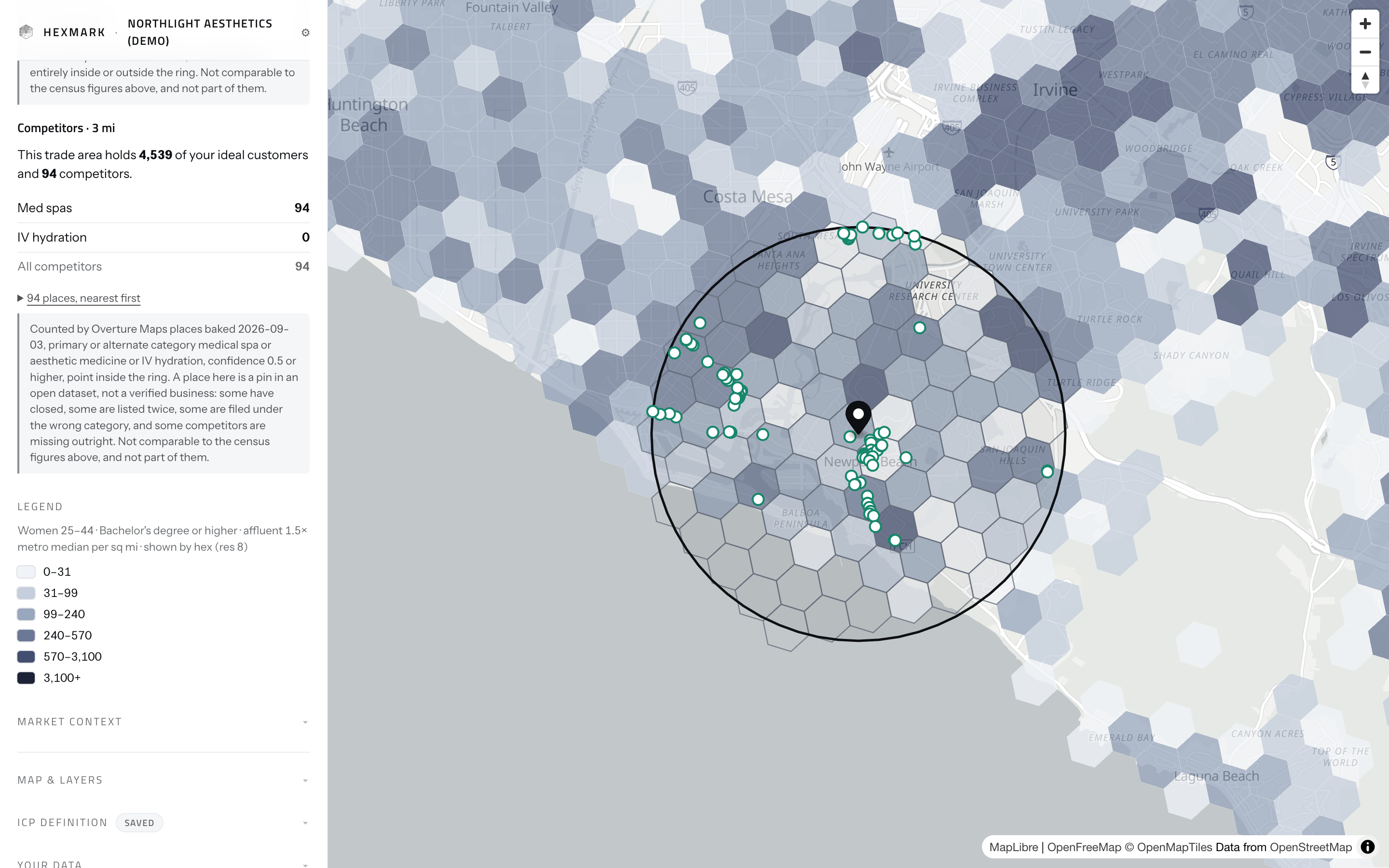 Hexmark showing 94 competitors inside a three mile ring in Newport Beach, marked on the map in green, with the category breakdown and counting rule in the panel