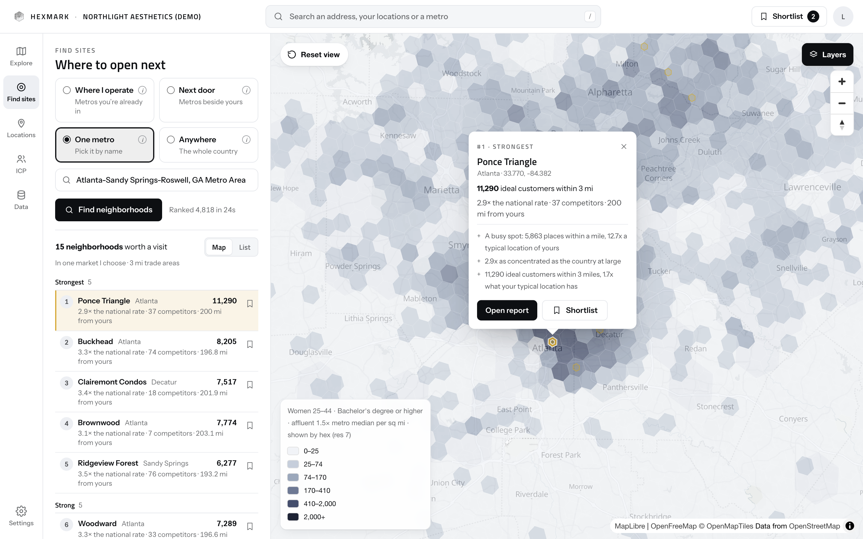 Hexmark's Find sites result for the Atlanta metro: the top neighborhood, Ponce Triangle, open on the map with 11,290 matching people inside three miles and the reasons it ranked first