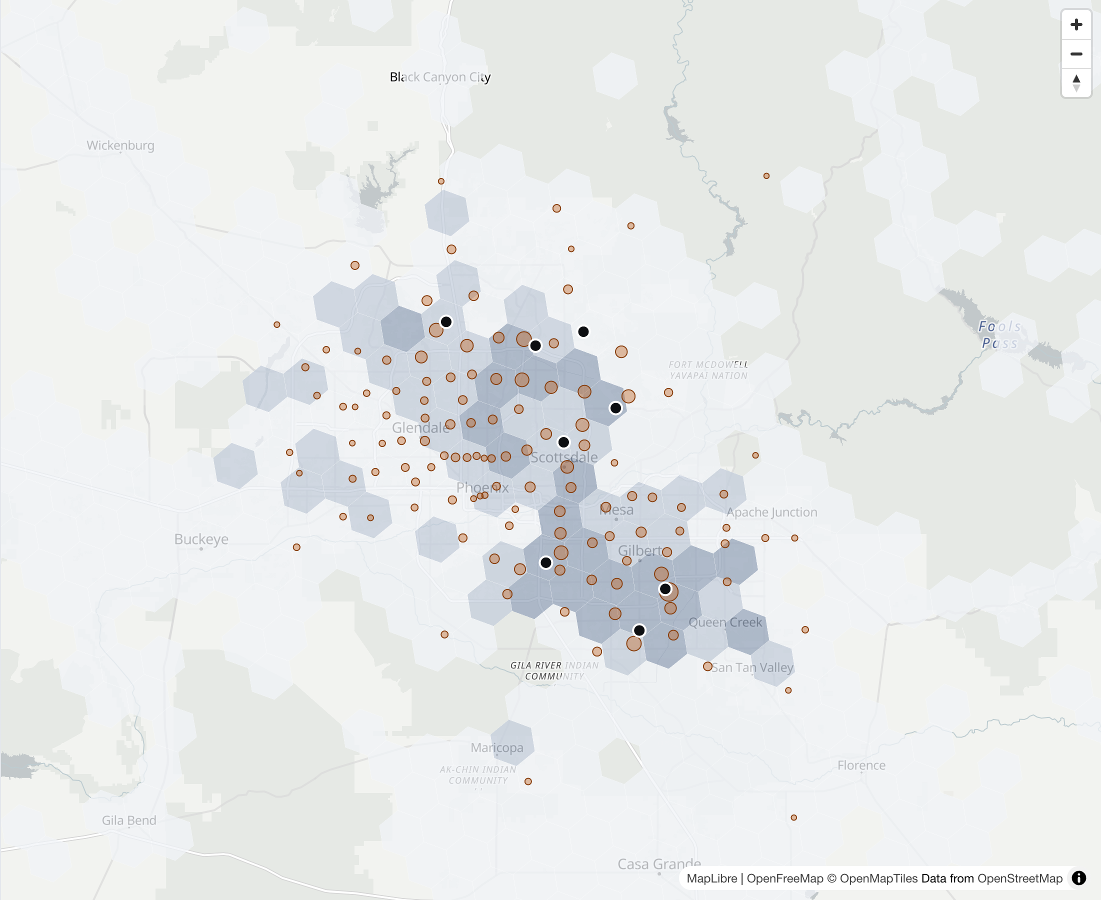 Metro Phoenix in Hexmark: customer counts by zip drawn as orange points sized by volume, with clinic locations marked