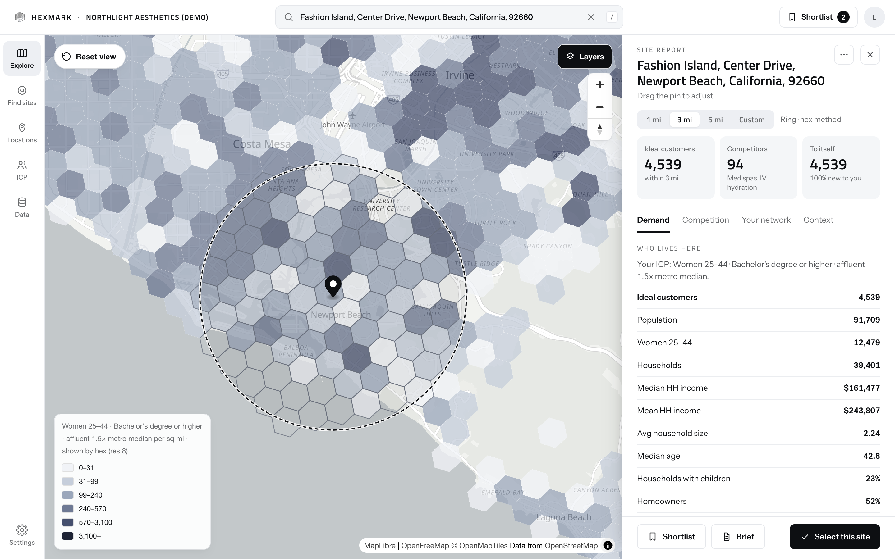 The Hexmark site report for Fashion Island in Newport Beach: 4,539 ideal customers and 94 competitors inside three miles, all 4,539 new to the chain, over a breakdown of who lives there